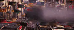 Taxi flying through futuristic city
