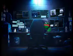 Ninja Frog hacker in dark room