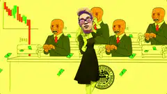 Woman dancing in front of money printing men
