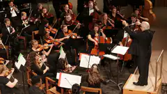 Orchestra conductor leading musicians
