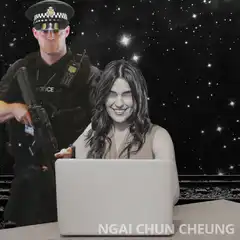 Woman laughing at laptop with police officer