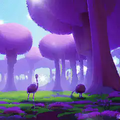Purple forest with ostriches