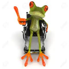 3D frog in wheelchair pointing