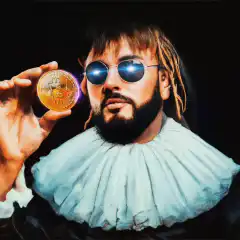 Bearded man in ruff holding bitcoin