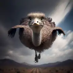 flying ostrich over desert