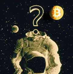 Headless astronaut with question mark and bitcoin
