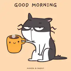 Grumpy cat drinking coffee good morning