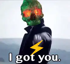 Green skull man points with lightning