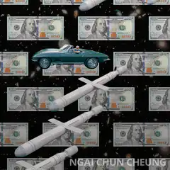 Joe Biden driving a car in space with missiles and money