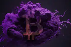 Bitcoin symbol in purple and orange smoke cloud
