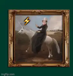 Woman riding unicorn with lightning bolt