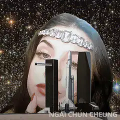 Woman and rocket against starry background