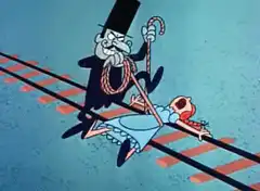 Yogi Bear ties up a girl on train tracks