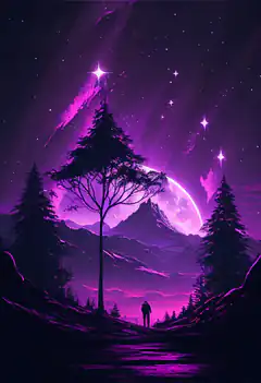 Silhouette under purple aurora