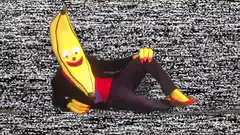 Banana man in suit on static