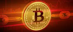 Bitcoin coin on red financial chart background