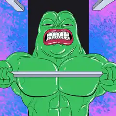 Muscle Pepe lifting weights and drinking water